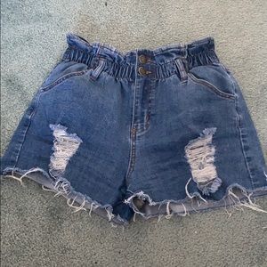 Paperbag high waisted medium wash stretchy shorts